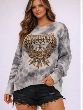 Affliction Gray Tie-Dye Graphic Pullover